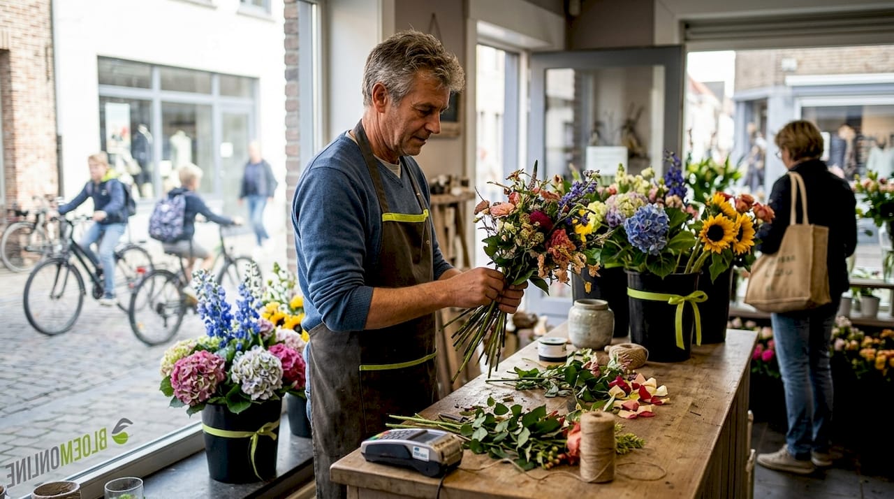 In een gezellige bloemenzaak in Nieuwpoort steekt de lokale bloemist met liefde de mooiste boeketten in elkaar.