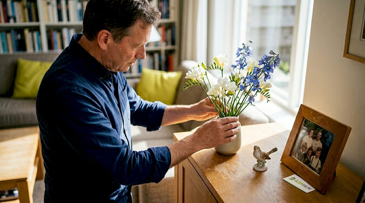 Man zet een bescheiden bloemstuk op de kast neer.