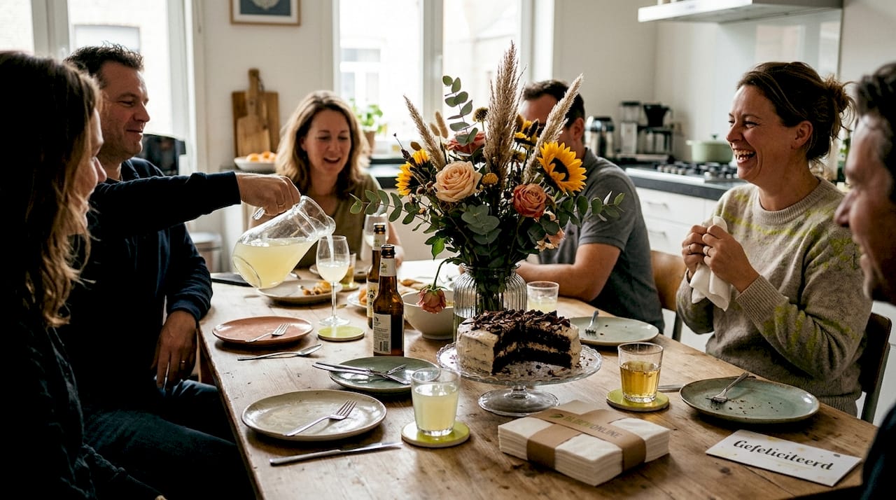Een vrolijk bloemstuk siert de feestelijk gedekte tafel.