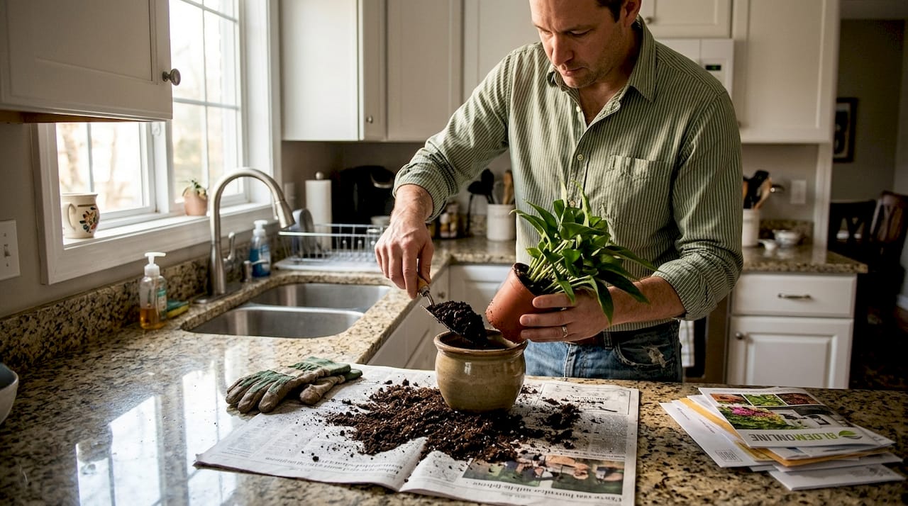 Man geeft zijn kamerplant een nieuw plekje in een grotere pot aan de keukentafel.