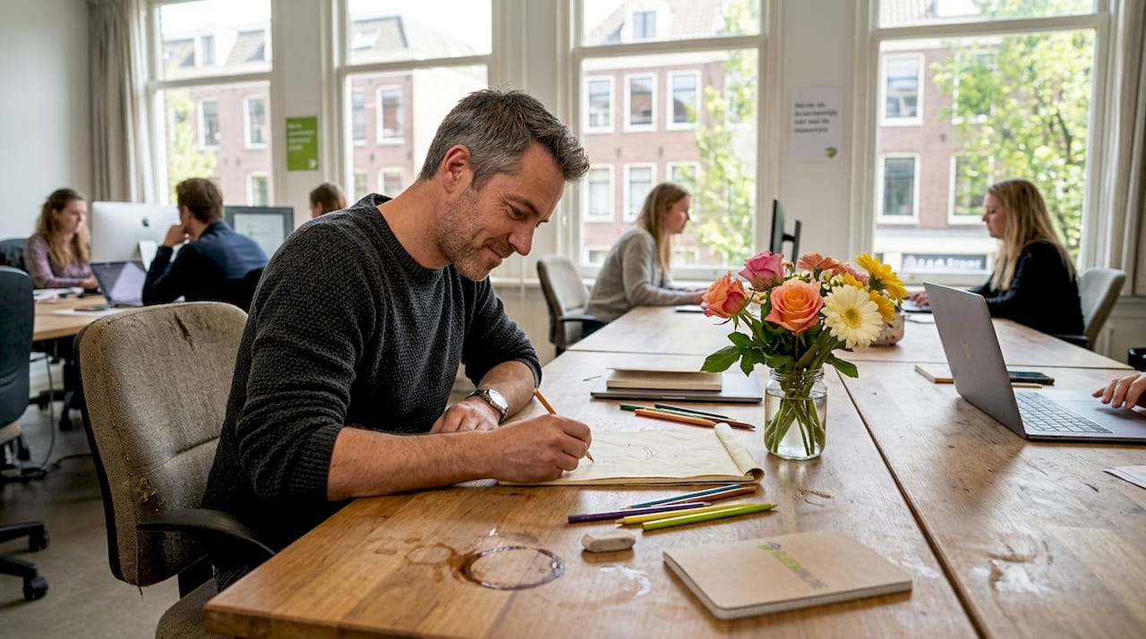 Een designer aan het werk achter zijn bureau, omringd door vrolijke, kleurrijke bloemen op kantoor.