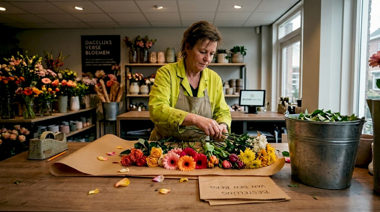 Een bloemist rangschikt verse bloemen op de toonbank in zijn winkel, zodat klanten makkelijk hun keuze kunnen maken.