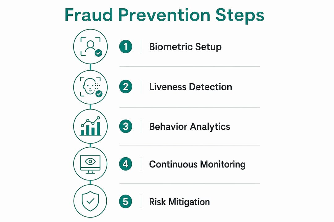 Infographic illustrating five steps of biometric fraud prevention