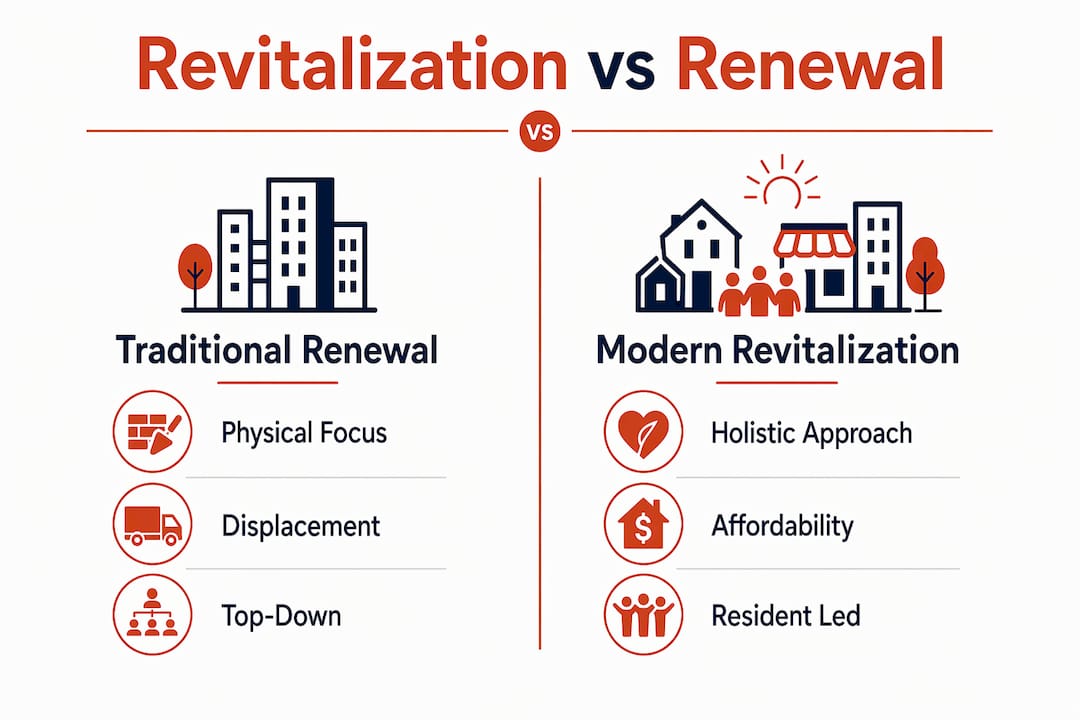 Comparison infographic of traditional urban renewal versus modern neighborhood revitalization