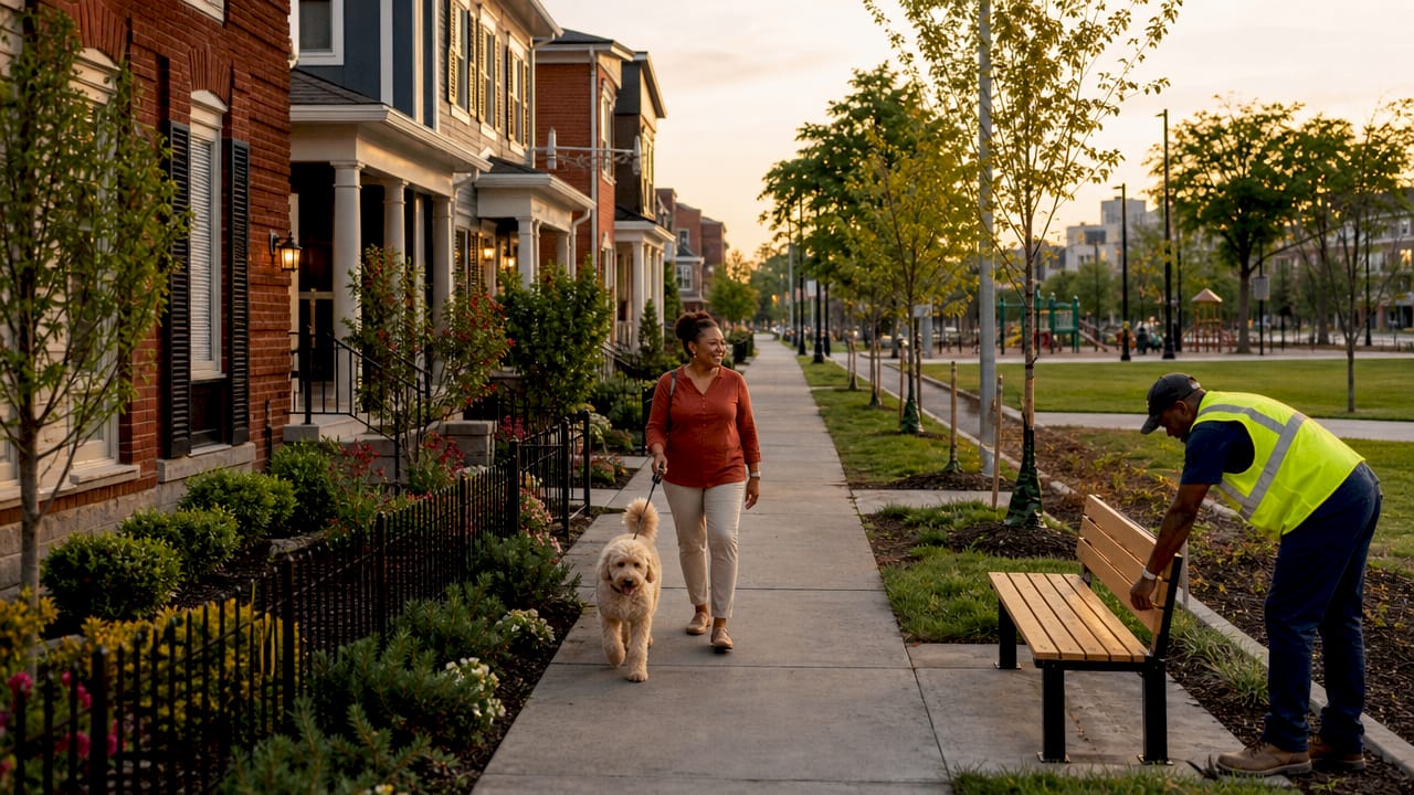 Renovated neighborhood street with park and housing