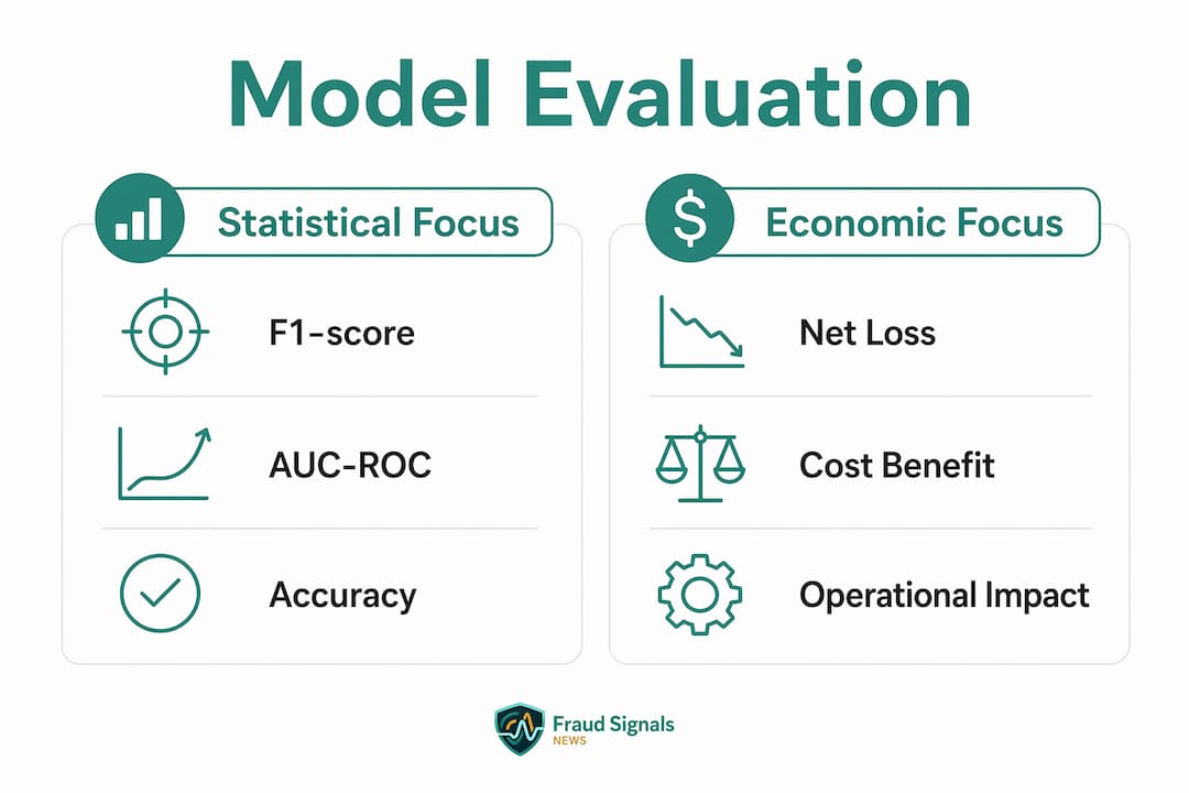 Infographic comparing fraud model evaluation metrics