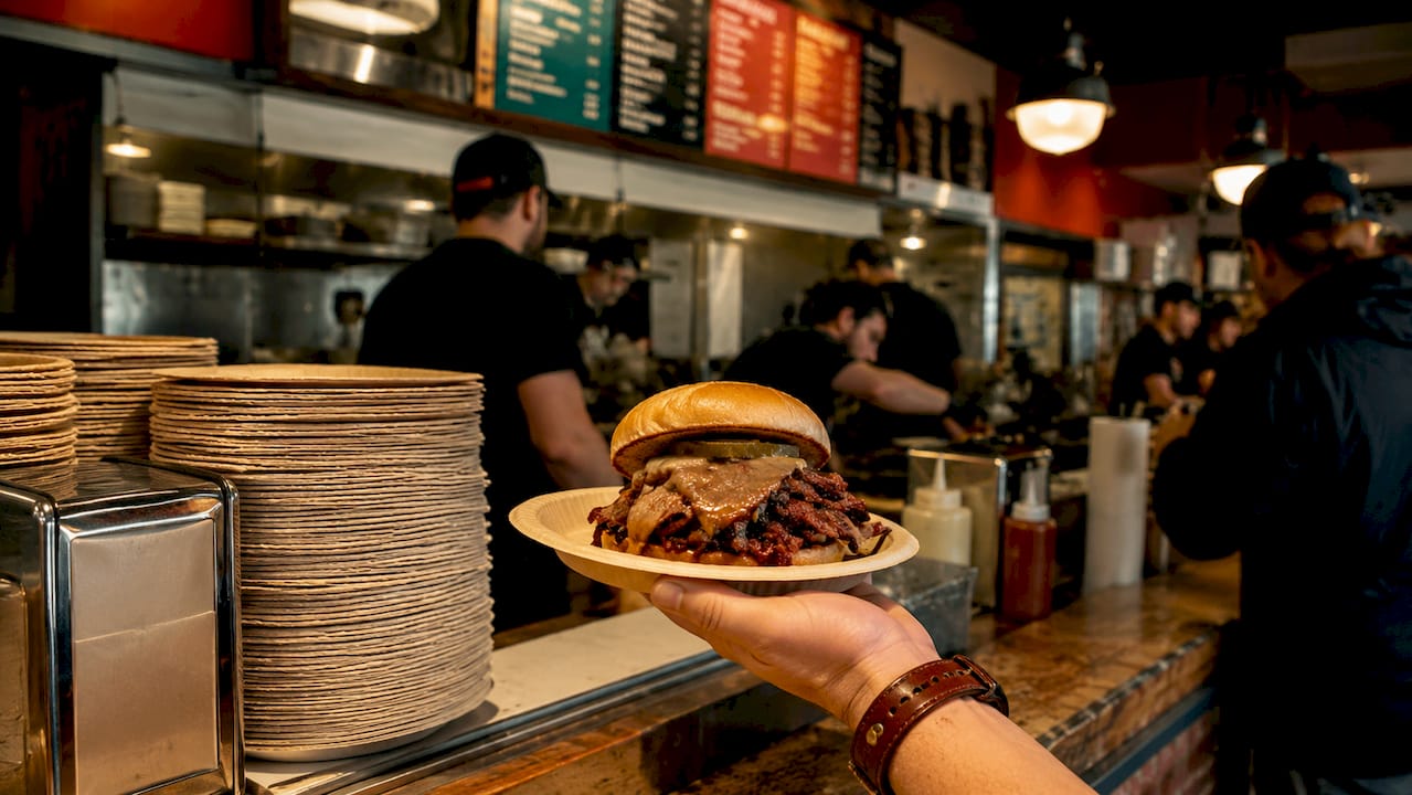 Close-up of Z-Man sandwich at Joe's Kansas City Bar-B-Que counter