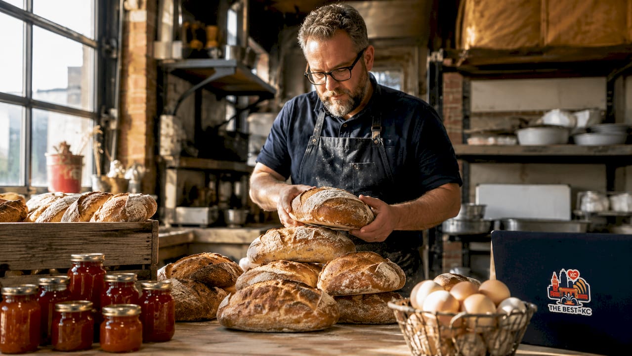 Hands arranging artisan bread in KC bakery