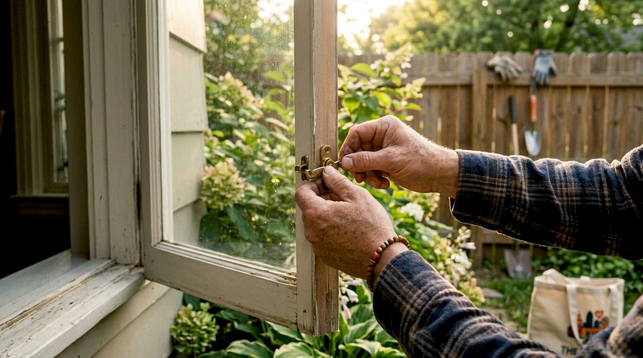 Close-up of hands inspecting front door lock