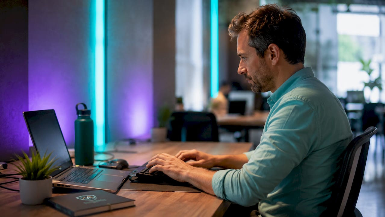 Hands typing in server room on keyboard