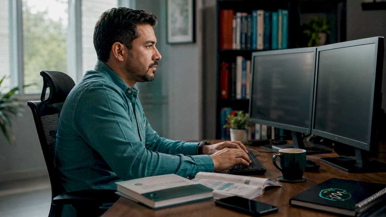 IT analyst checking security dashboards