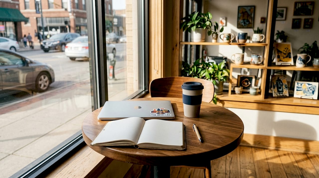 HITIDES Coffee interior study table with laptop and cup