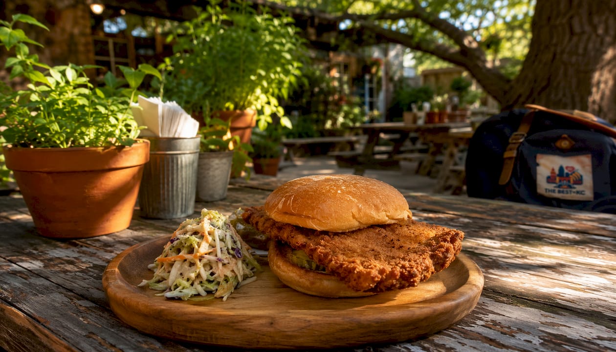 Pork tenderloin sandwich on picnic table at Kitty's Café