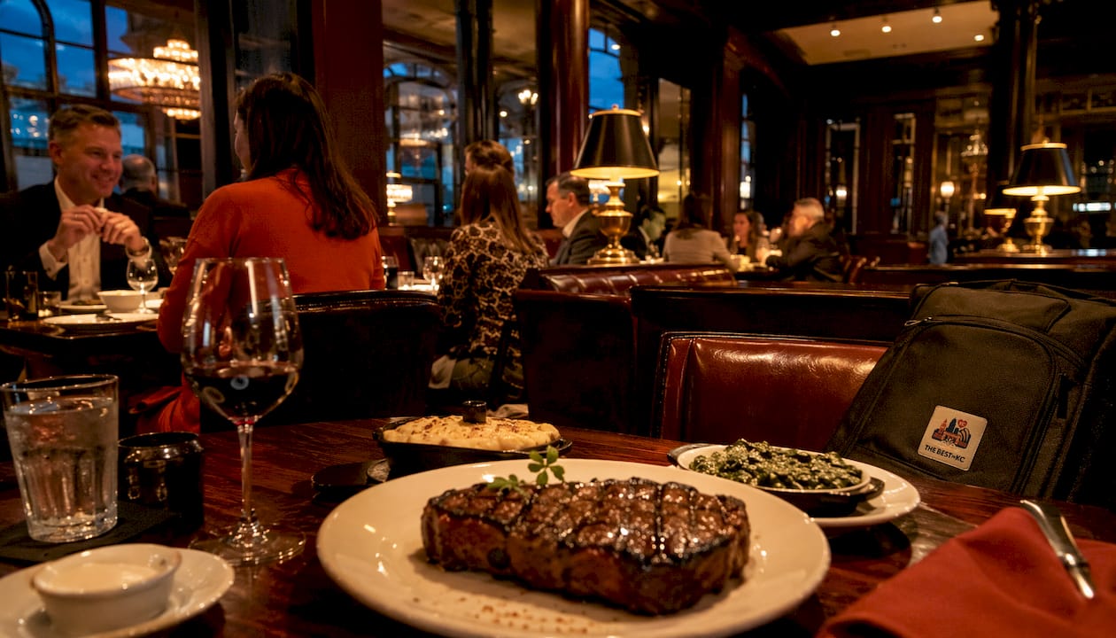 KC strip steak plated in The Golden Ox dining room