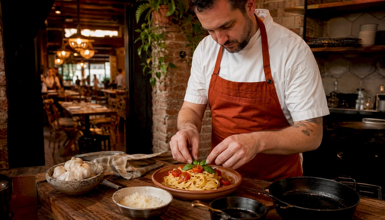 Chef plating Italian pasta dish in restaurant kitchen
