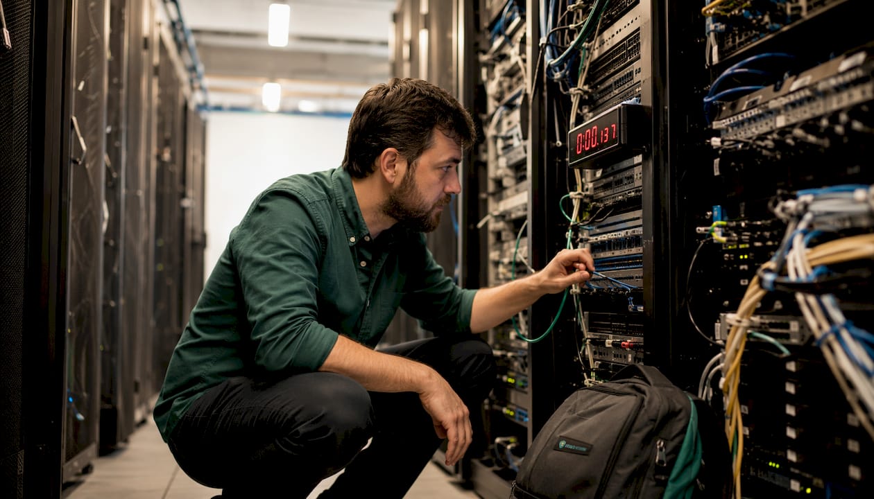 Engineer measuring latency in server room