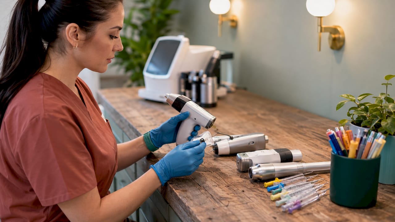 Hands inspecting aesthetic clinic treatment devices