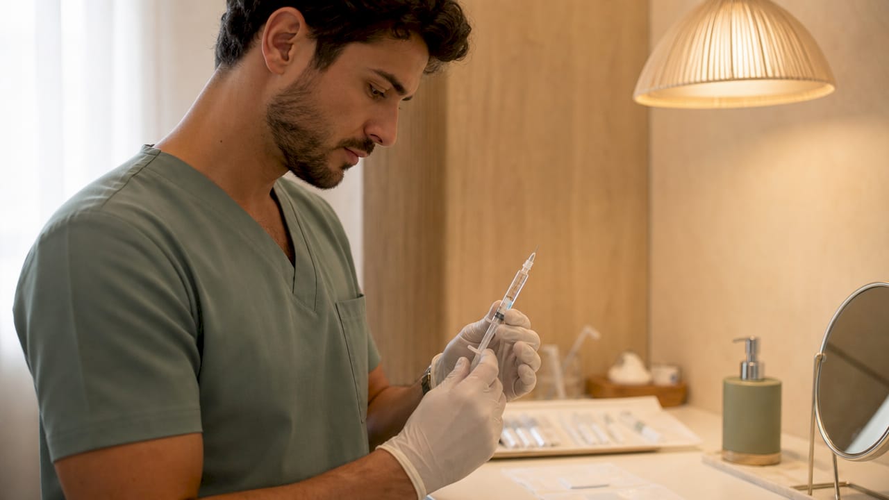 Hands holding hyaluronic acid filler syringe