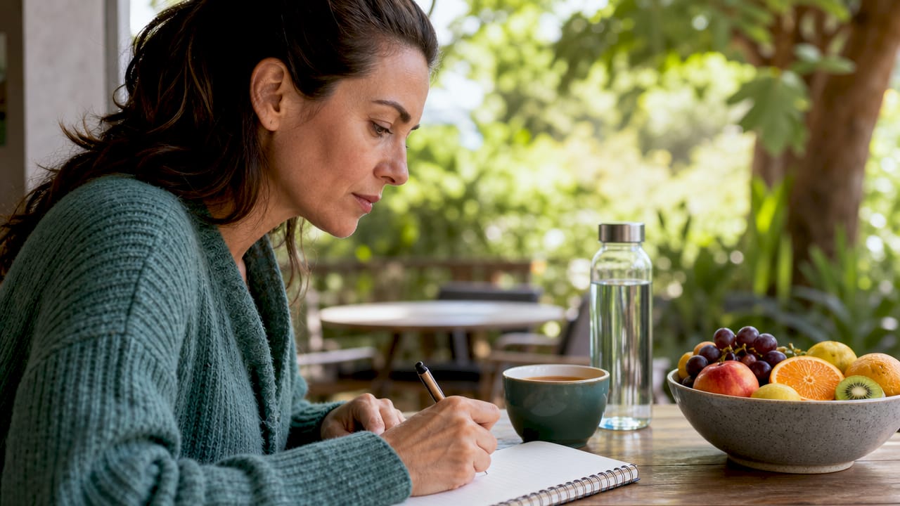 Woman journaling lifestyle habits related to skin health