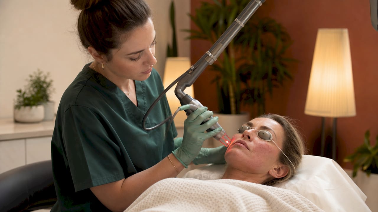 Close-up of ablative laser treatment on cheek
