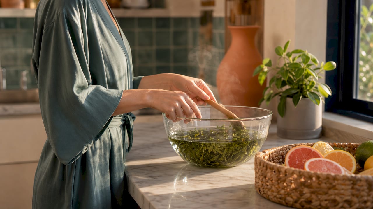 Hands preparing natural skincare infusion at home