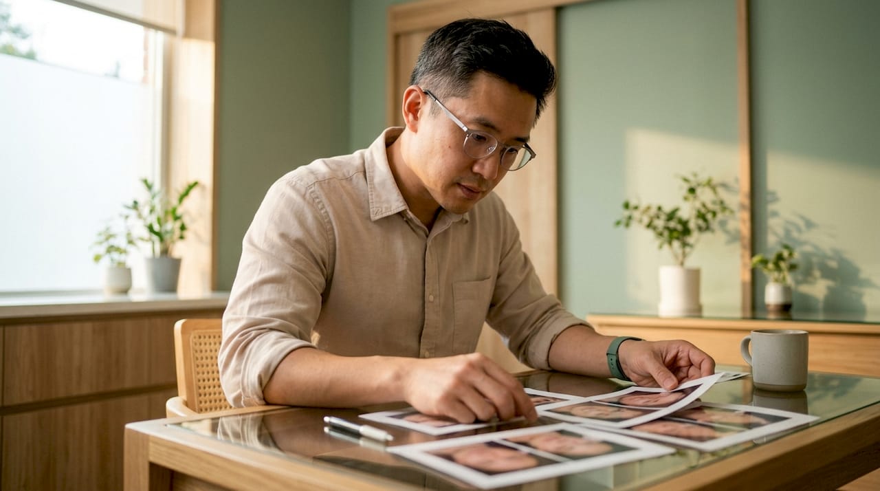 Aesthetic doctor reviewing patient treatment photos