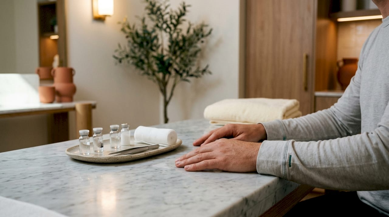 Hands with aesthetic treatment tools on table
