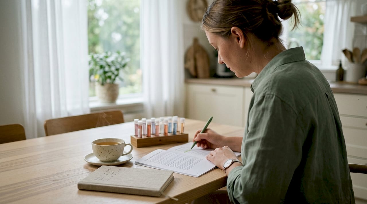 Hands marking filler treatment guide at home workspace