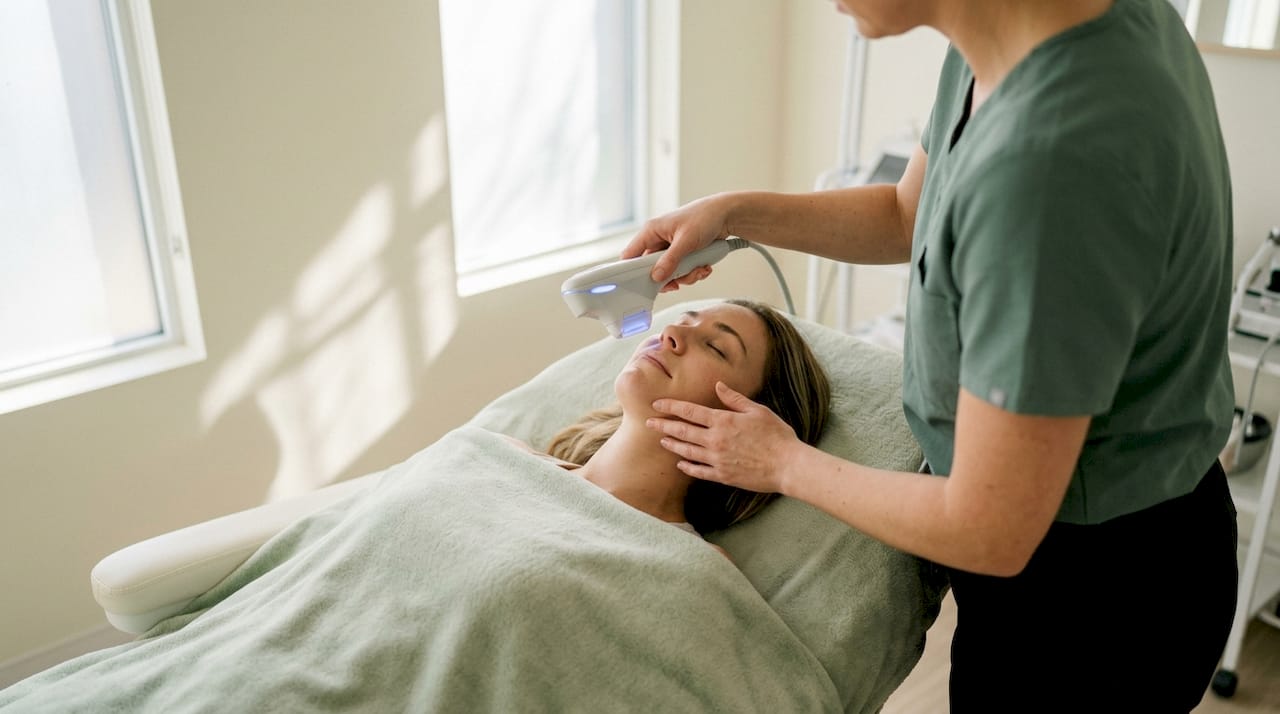 Close-up of skin tightening device on cheek