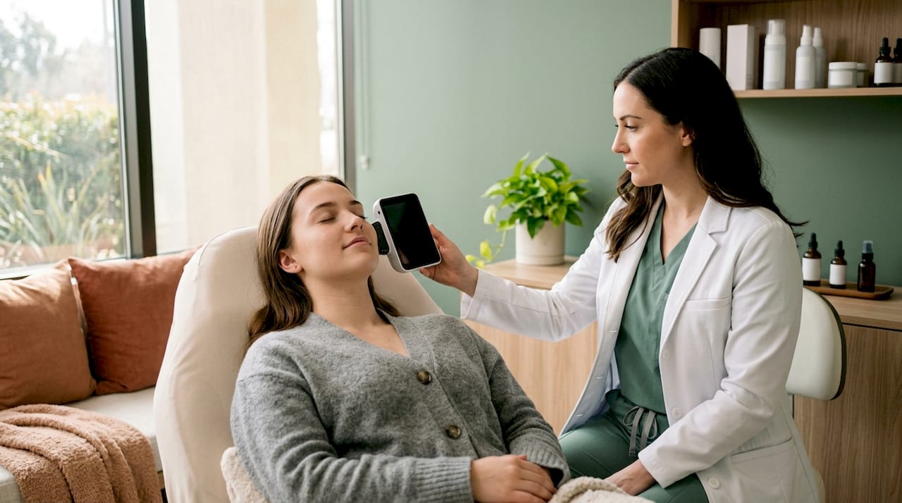 Patient undergoing digital skin analysis in clinic