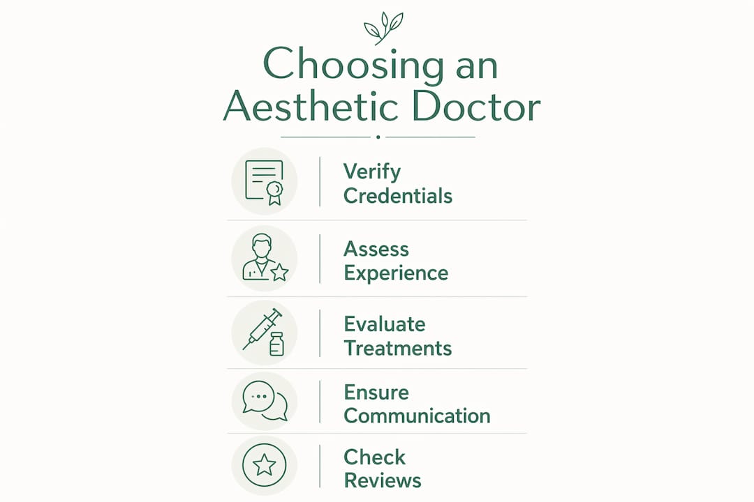 Infographic illustrating five key steps in choosing an aesthetic doctor