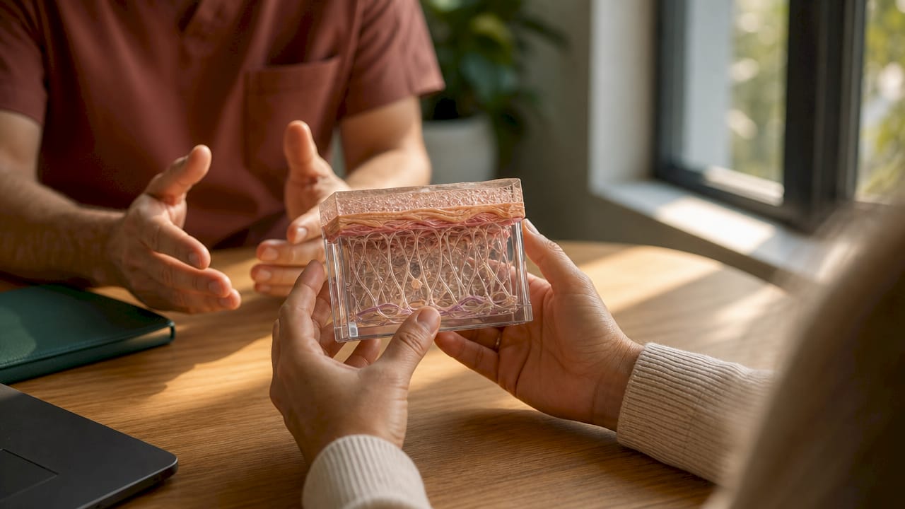 Hands holding skin model showing collagen and elastin