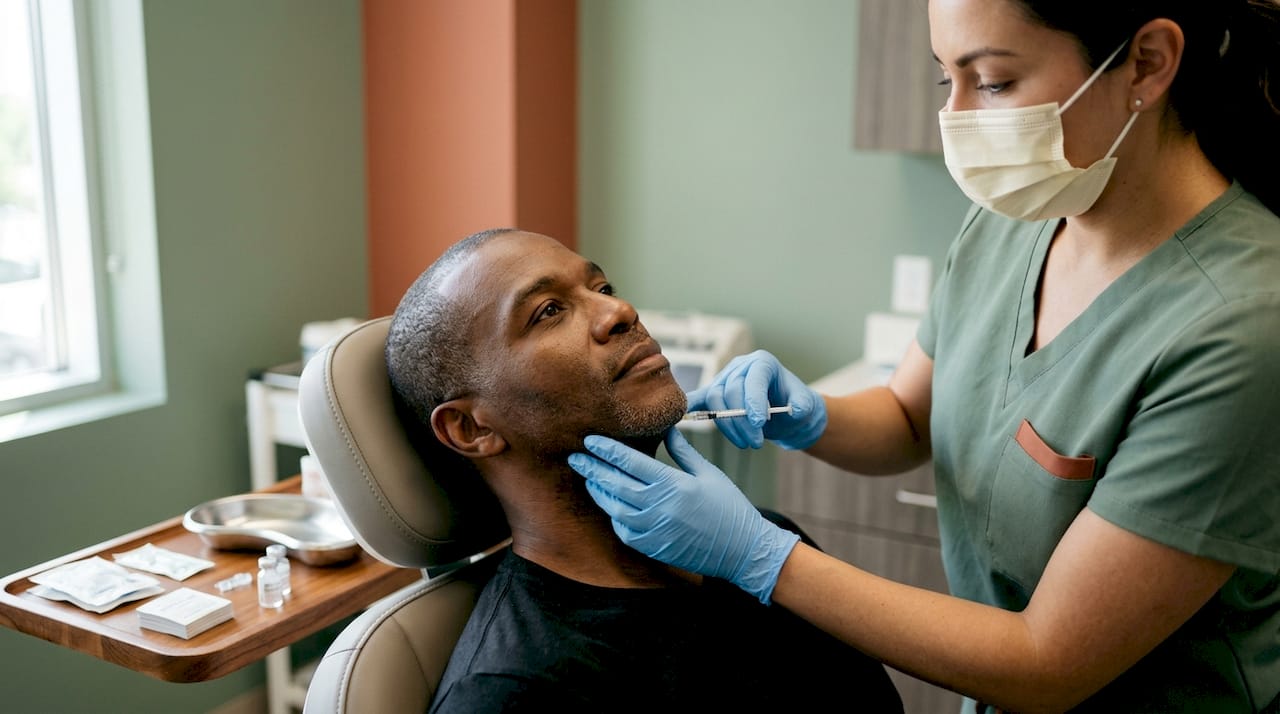 Clinician injecting facial treatment on man