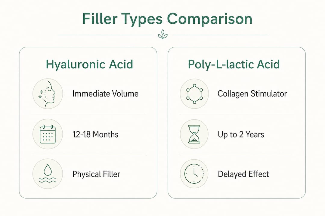 Infographic comparing hyaluronic acid and poly-L-lactic acid fillers