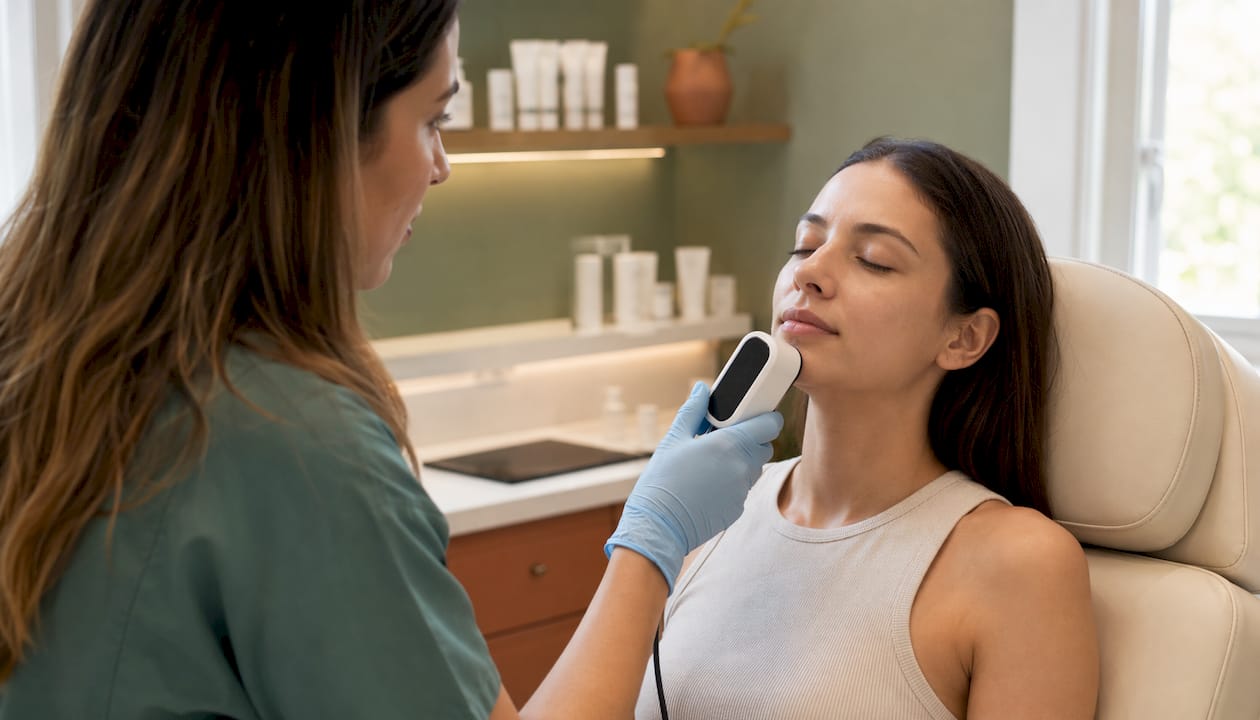 Dermatologist using skin analyzer on patient cheek