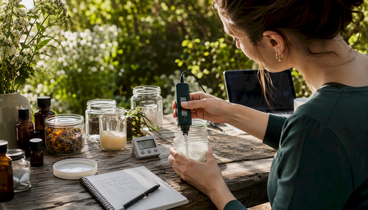 Close-up of pH meter testing skincare cream in lab