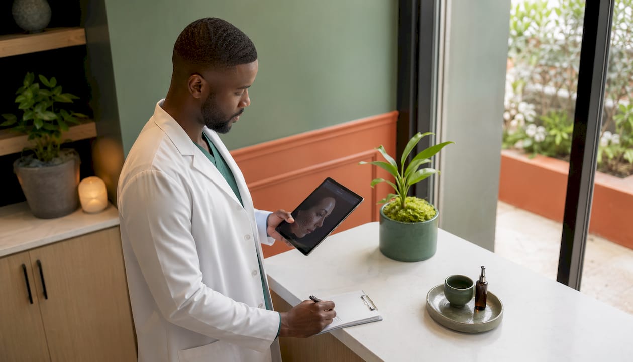 Dermatologist reviewing AI skin analysis data