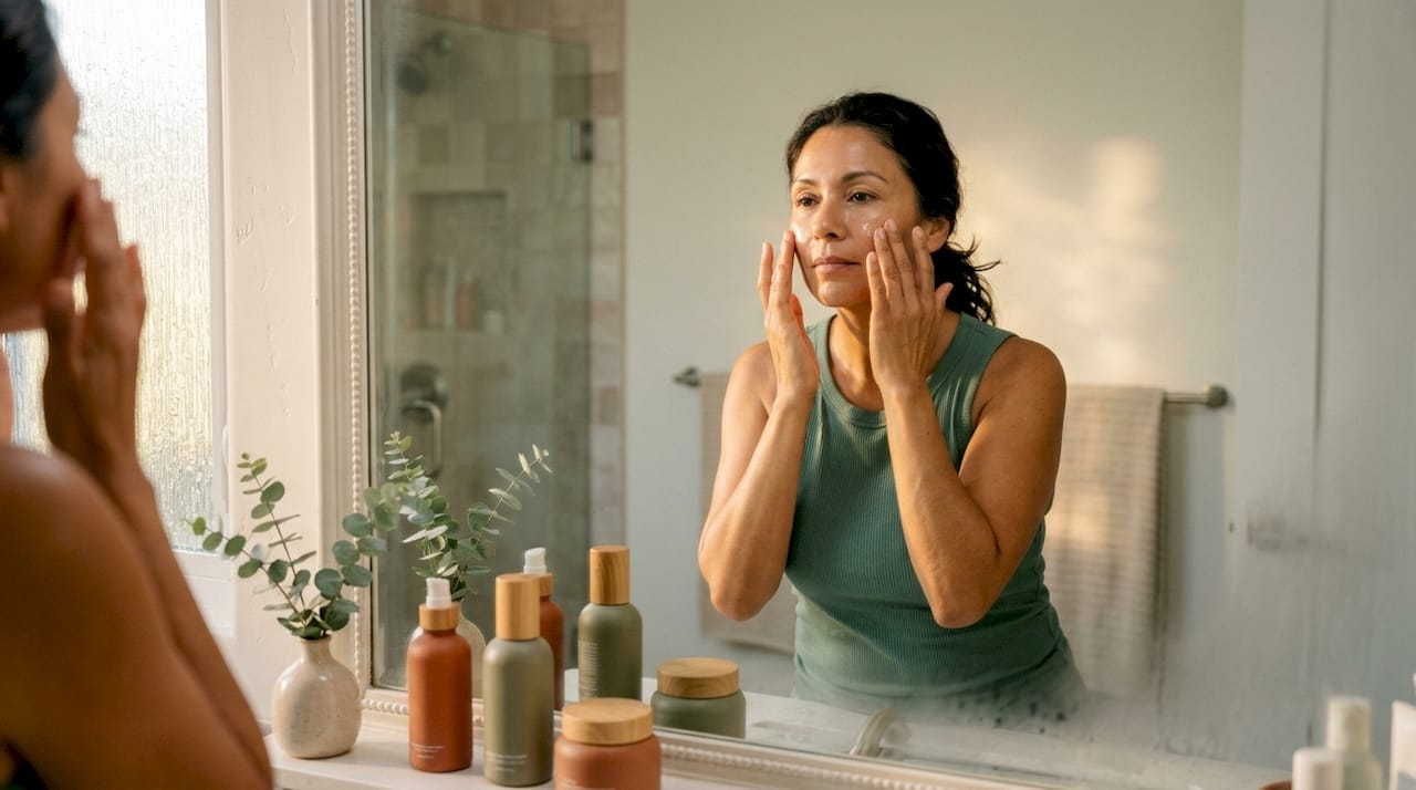 Woman applying skincare serum in bathroom