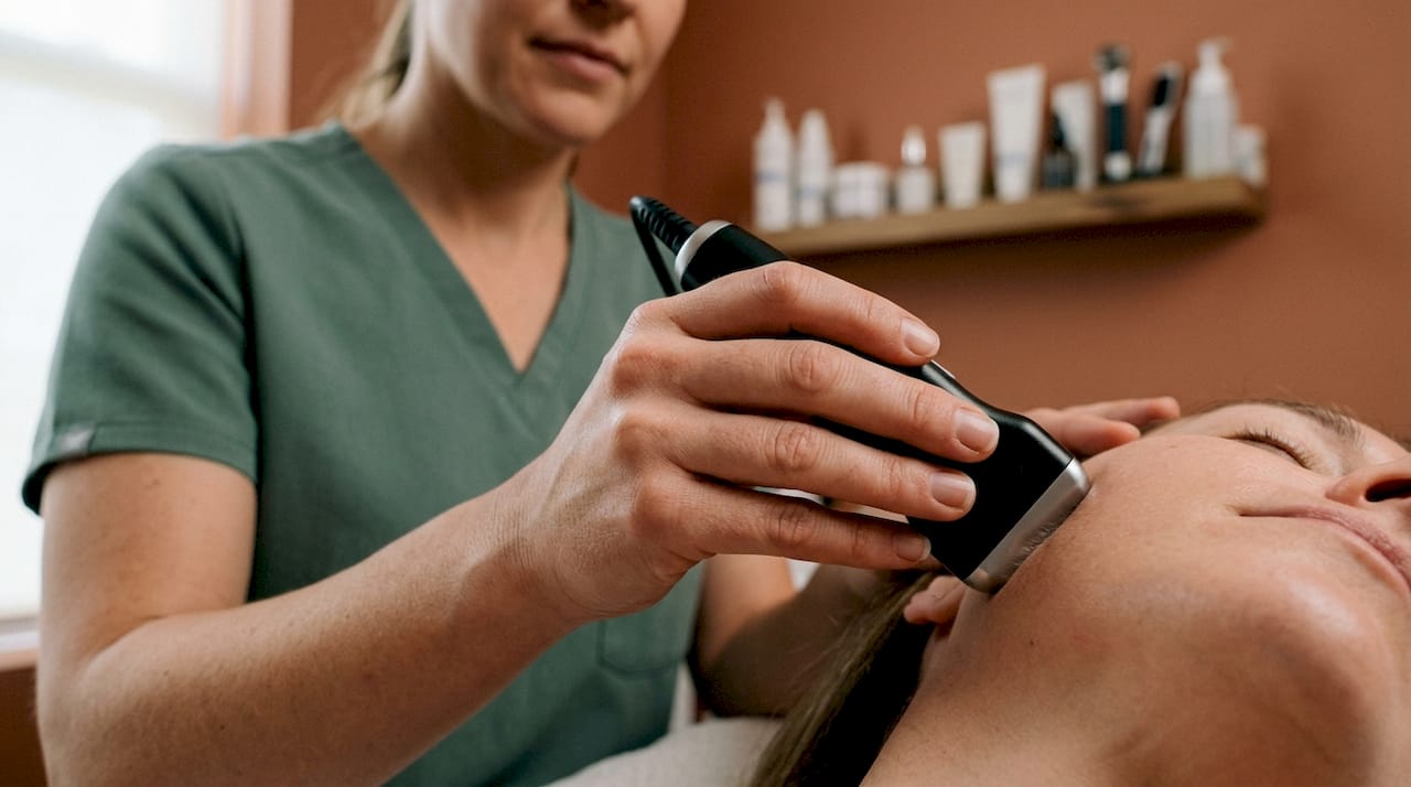 Clinician using ultrasound device on patient's skin