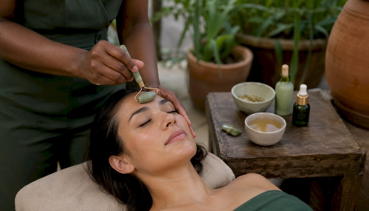 Close-up of hands using jade roller for skin wellness