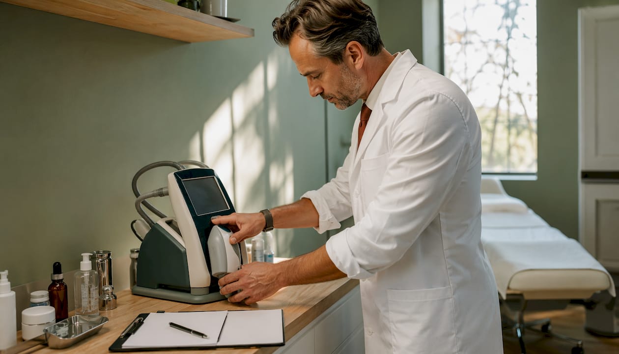 Hands inspecting laser device in clinic room