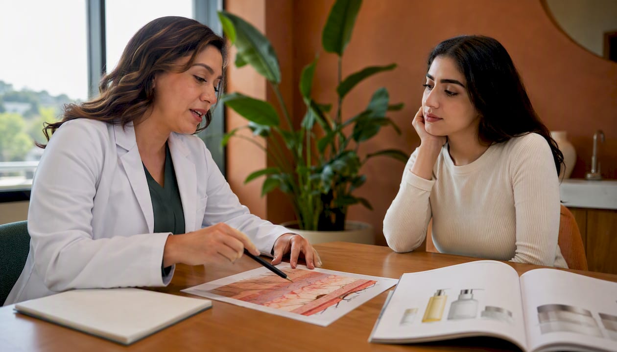 Dermatologist explaining skin plan to patient