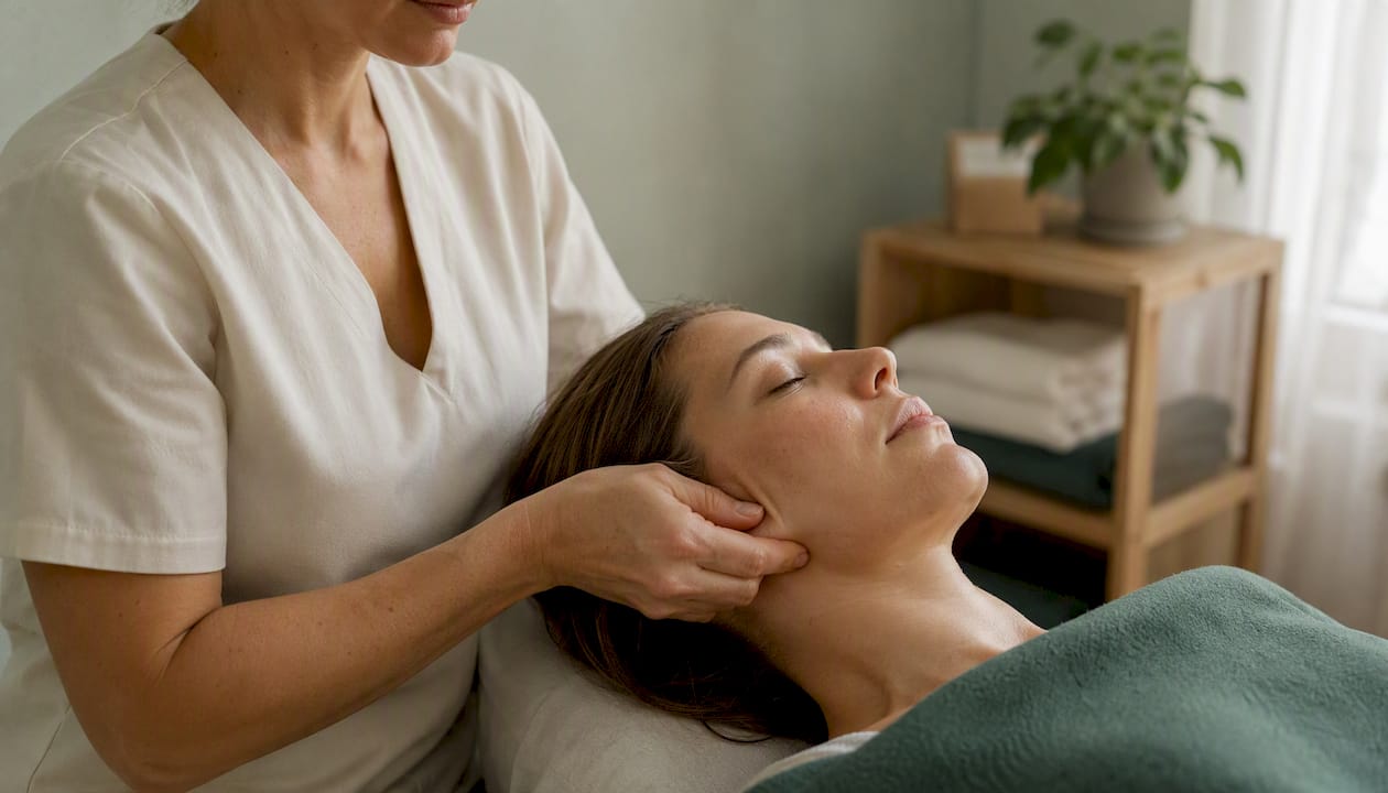 Close-up hands applying myofascial release on face