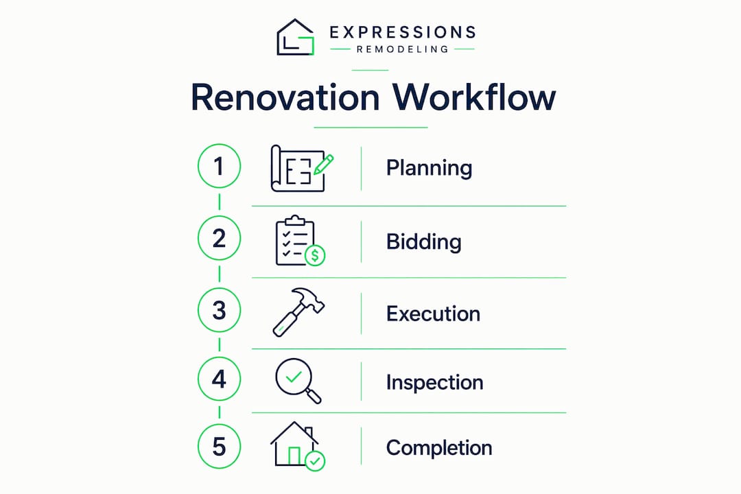 Infographic showing accessible kitchen renovation workflow phases