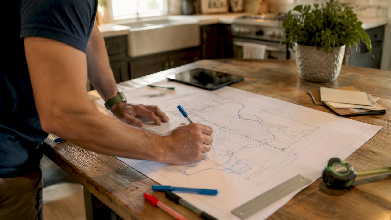 Hands mapping kitchen movement patterns on paper