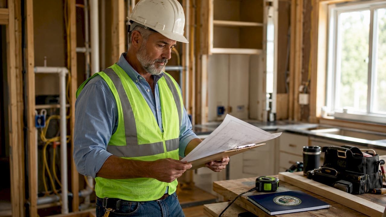 General contractor reviewing blueprints on site