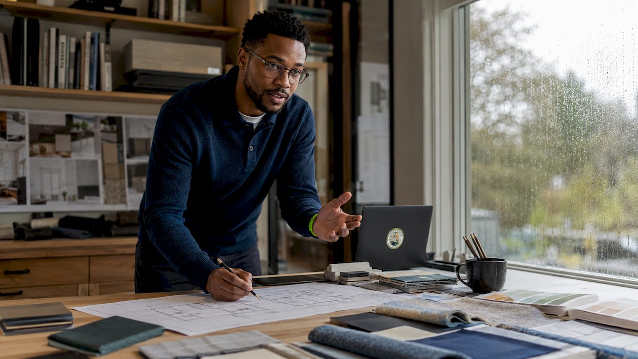 Designer working on renovation blueprints
