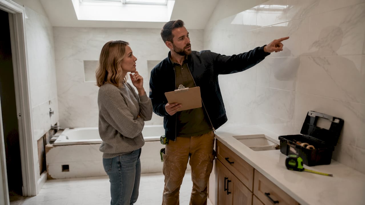 Contractor and homeowner inspecting bathroom walls before demo