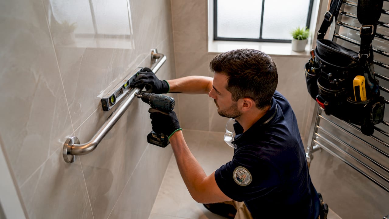 Contractor installing grab bar in bathroom