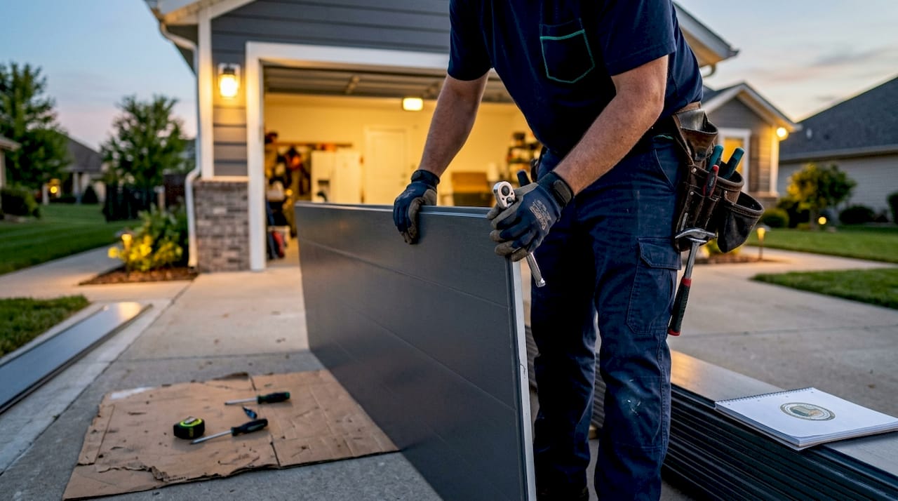 Contractor installing garage door panel